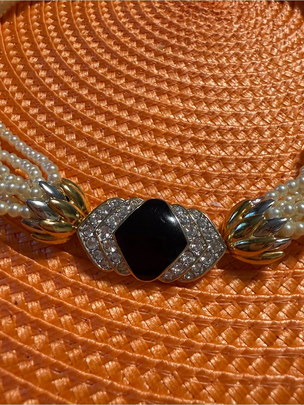 Vintage Multi-Strand Faux Pearl Necklace with Black Enamel front clasp Necklace - Picture 3 of 15